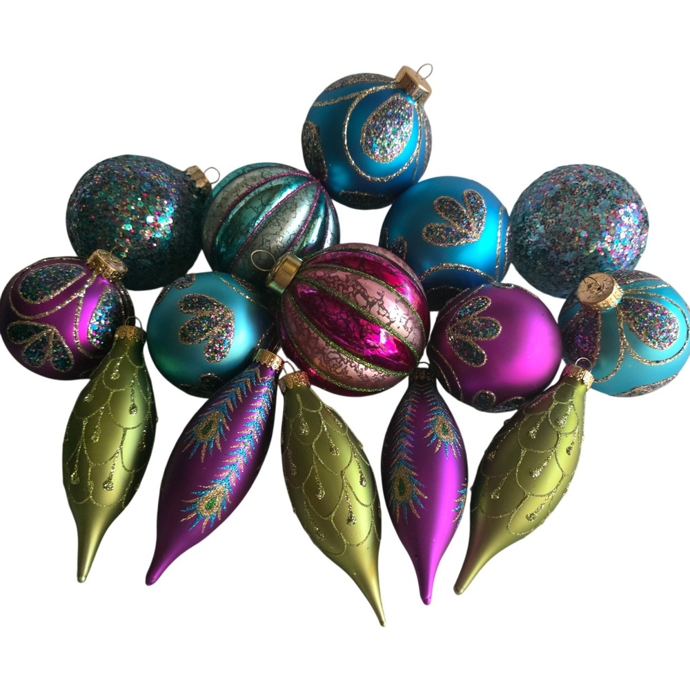 Peacock Jewel Tone Glass Christmas Ornament Teal Magenta Chartreuse Lot of 15